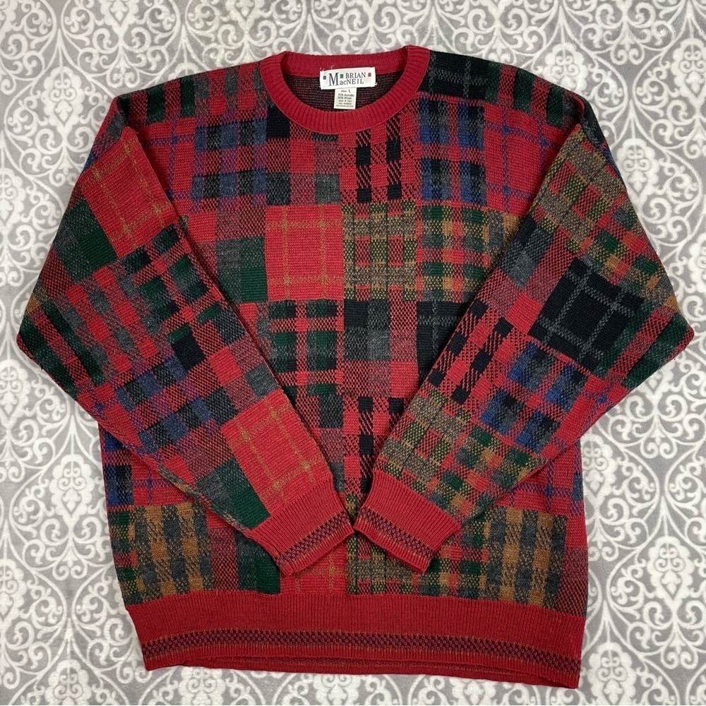 vintage plaid sweater eclectic grandpa 80's boxy wool made in italy men's large